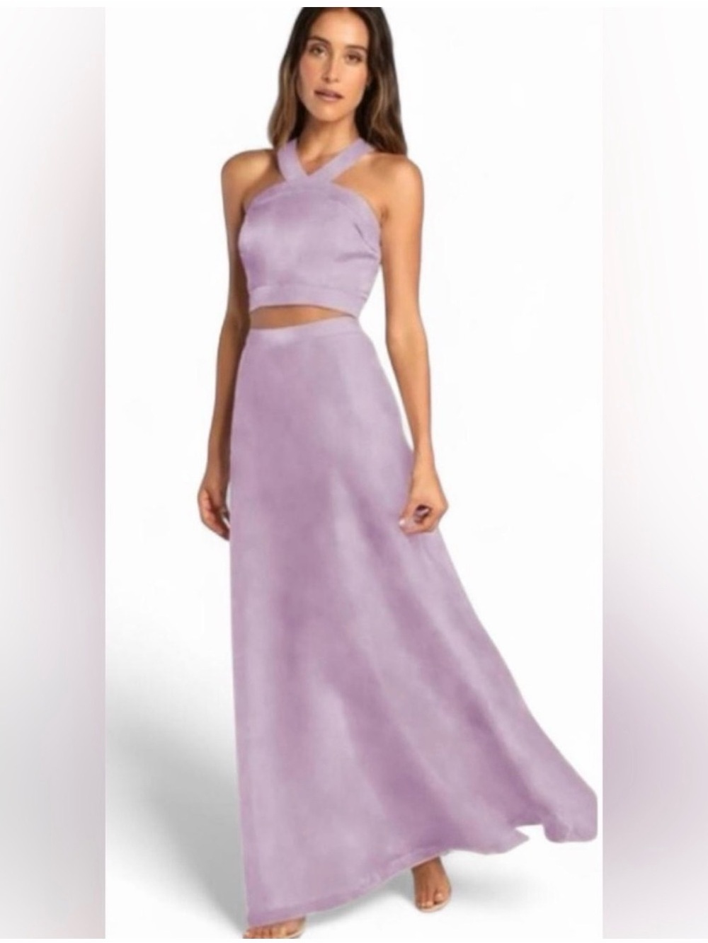 Lulus | Lavender Two-Piece Organza Halter Crop Top + Maxi Skirt Set